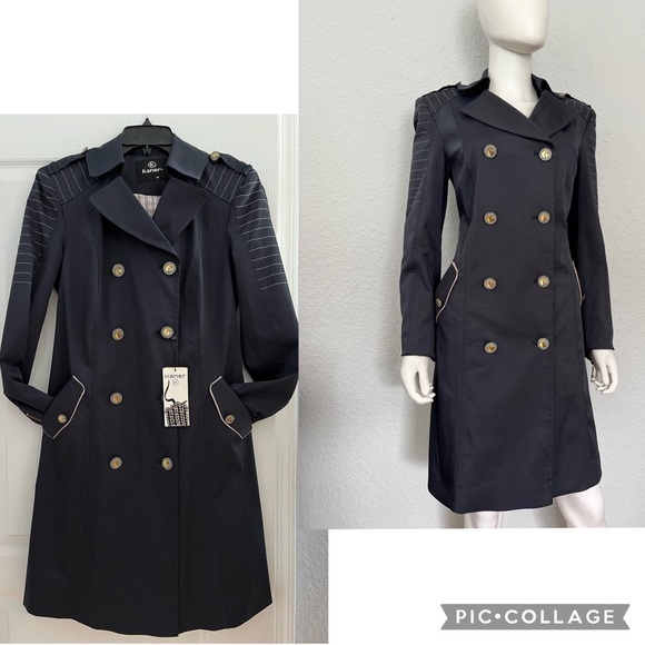 SALE💥💥WOMEN TRENCH COAT DOUBLE-BREASTED JACKET LINED NAVY BLUE NOTCHED COLLAR - Picture 2 of 13